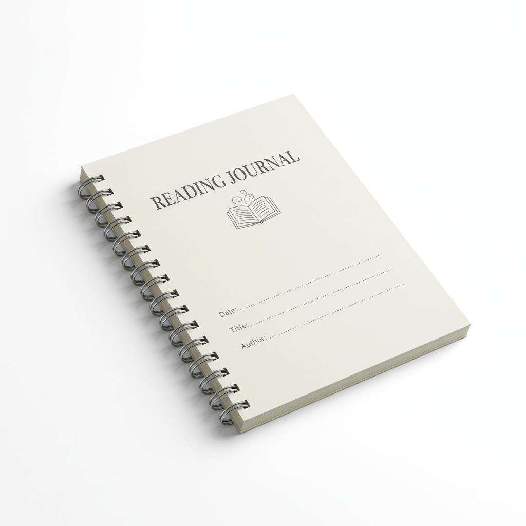 A realistic product photo of a spiral-bound reading journal notebook on a clean white background. 
Minimalist design, soft shadow under the notebook, modern stationery aesthetic, studio lighting, 
high detail, professional e-commerce product photography, premium look, square format.